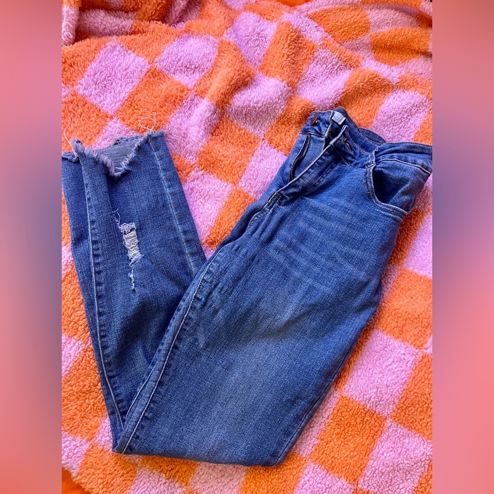 Tickled Teal Blue Distressed Skinny Jeans